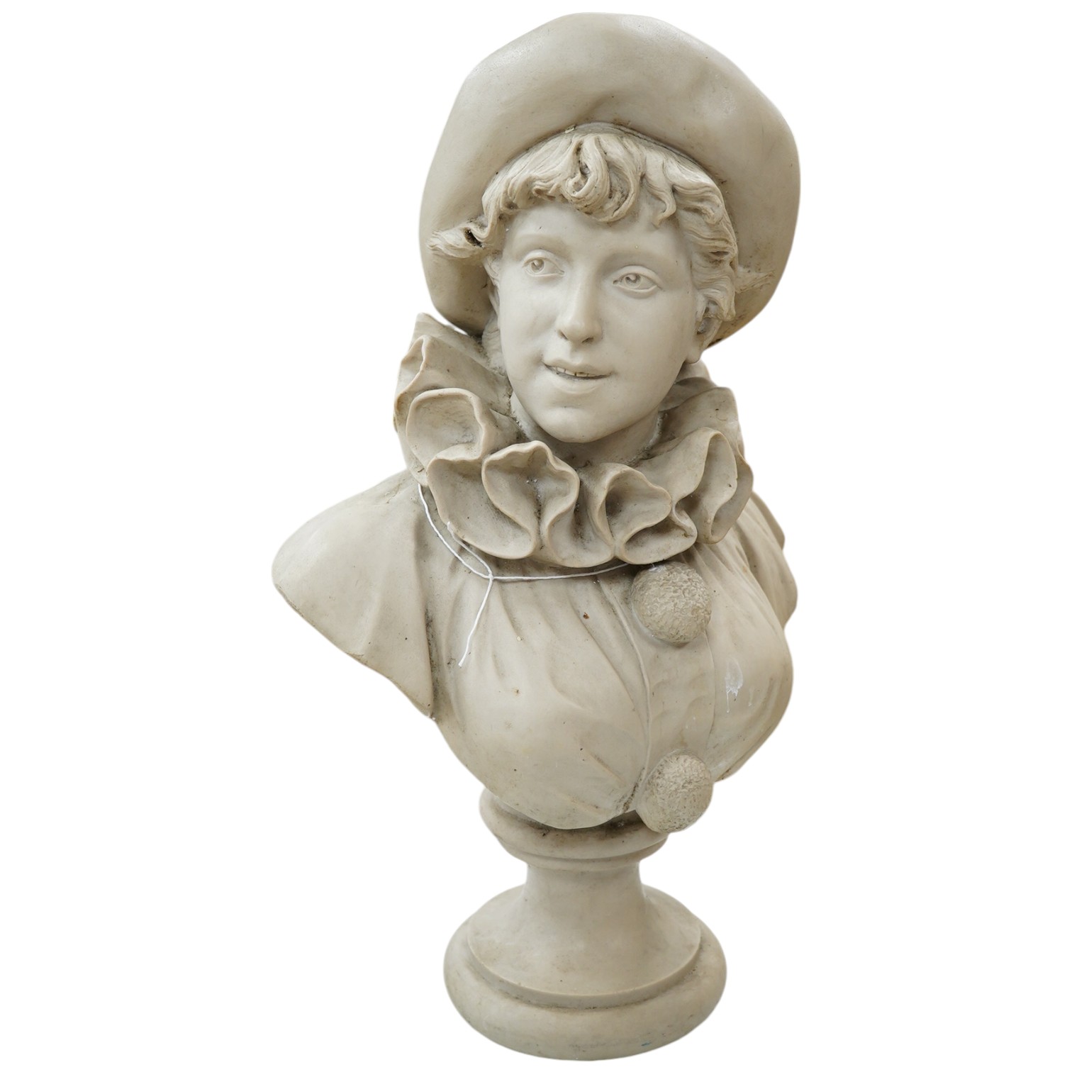 A composition bust of a boy on stand in a hat, ruff and pom-pom buttoned top, inscribed ‘A Azza’, 55cm high. Condition - fair